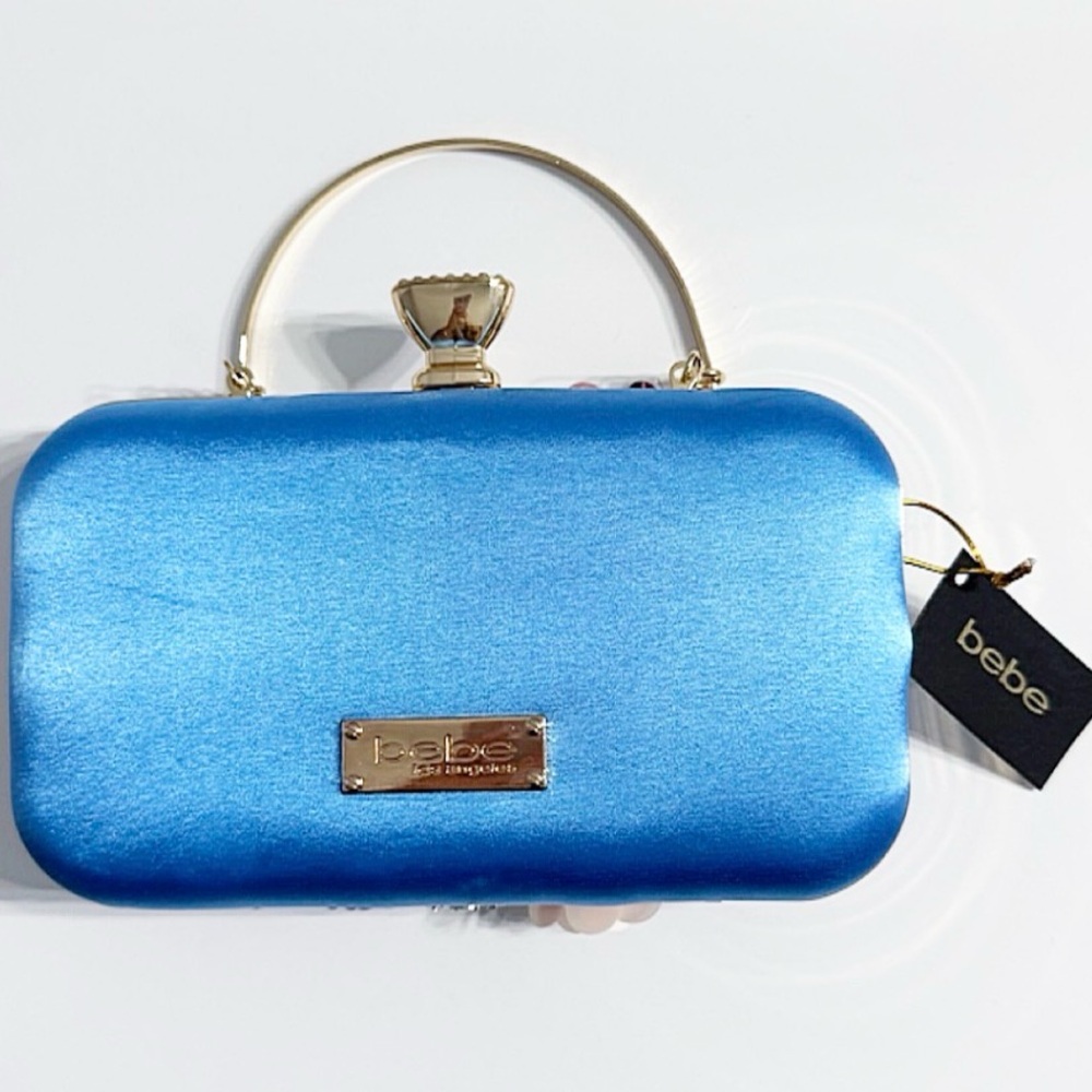 Bebe Blue Satin Floral Embellished Daisy Clutch w/ Chain Strap | NWT - Picture 9 of 14